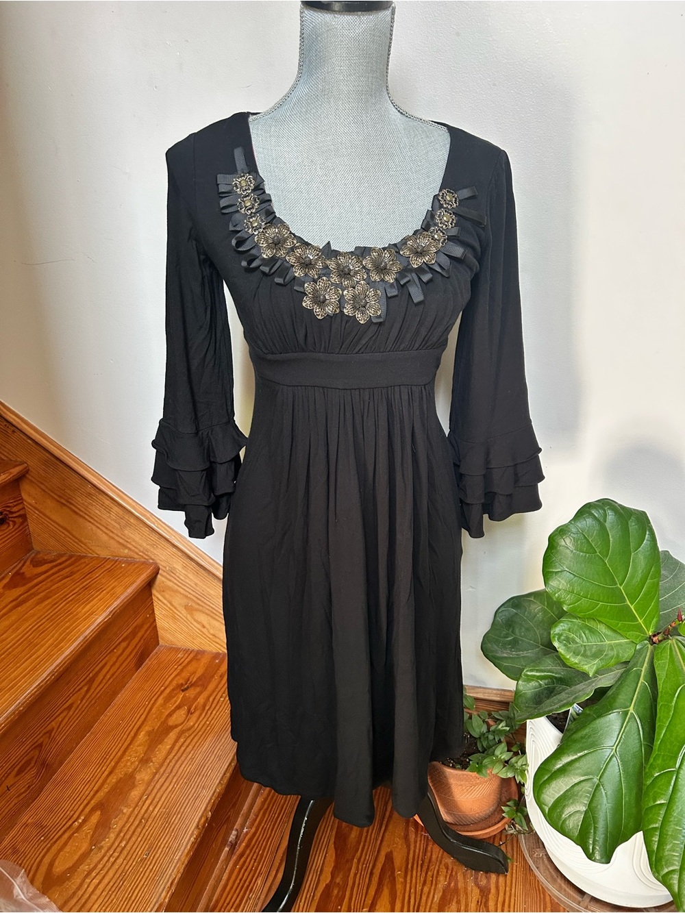 Muse Black Long-Sleeve Empire Dress with Gold Floral Appliqué